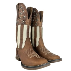 Bota Texana Feminina Goyazes Bico Quadrado Couro Dallas Solado Flex Cano Bordado Estrelas Ref:223209-CF