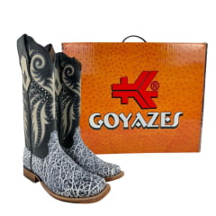 Bota Texana Feminina Goyazes Bico Quadrado Couro Elefante Nevada/ Dallas Preto E Bege Ref:253204-EC