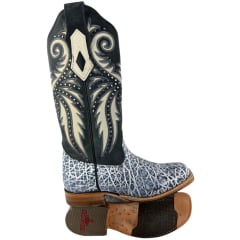 Bota Texana Feminina Goyazes Bico Quadrado Couro Elefante Nevada/ Dallas Preto E Bege Ref:253204-EC