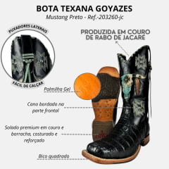 Bota Texana Feminina Goyazes Bico Quadrado Couro Jacaré Preto/Mustang Preto Ref:203260-JC