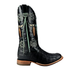 Bota Texana Feminina Goyazes Bico Quadrado Couro Jacaré Preto/Mustang Preto Ref:203260-JC