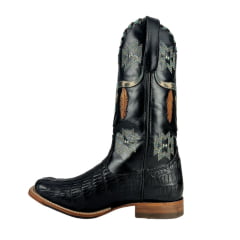 Bota Texana Feminina Goyazes Bico Quadrado Couro Jacaré Preto/Mustang Preto Ref:203260-JC