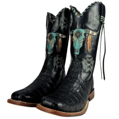 Bota Texana Feminina Goyazes Bico Quadrado Couro Jacaré Preto/Mustang Preto Ref:203260-JC