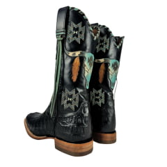 Bota Texana Feminina Goyazes Bico Quadrado Couro Jacaré Preto/Mustang Preto Ref:203260-JC