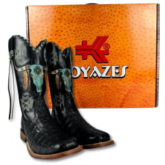 Bota Texana Feminina Goyazes Bico Quadrado Couro Jacaré Preto/Mustang Preto Ref:203260-JC