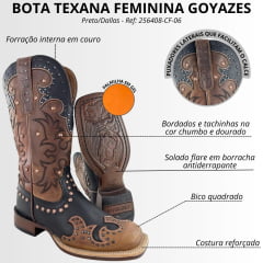 Bota Texana Feminina Goyazes Bico Quadrado Flare Couro Mustang Preto/Dallas Furta Cor Bordado Ref: 256408-CF-06