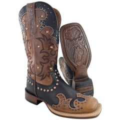Bota Texana Feminina Goyazes Bico Quadrado Flare Couro Mustang Preto/Dallas Furta Cor Bordado Ref: 256408-CF-06