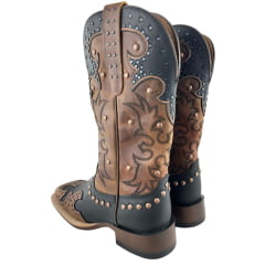 Bota Texana Feminina Goyazes Bico Quadrado Flare Couro Mustang Preto/Dallas Furta Cor Bordado Ref: 256408-CF-06