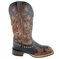 Bota Texana Feminina Goyazes Bico Quadrado Flare Couro Mustang Preto/Dallas Furta Cor Bordado Ref: 256408-CF-06