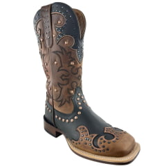Bota Texana Feminina Goyazes Bico Quadrado Flare Couro Mustang Preto/Dallas Furta Cor Bordado Ref: 256408-CF-06