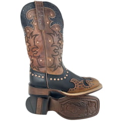 Bota Texana Feminina Goyazes Bico Quadrado Flare Couro Mustang Preto/Dallas Furta Cor Bordado Ref: 256408-CF-06