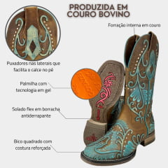 Bota Texana Feminina Goyazes Bico Quadrado Flex Couro Dallas Creme com Detalhes Em Azul Ref: 243201-CF