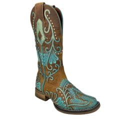 Bota Texana Feminina Goyazes Bico Quadrado Flex Couro Dallas Creme com Detalhes Em Azul Ref: 243201-CF