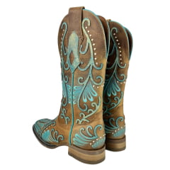 Bota Texana Feminina Goyazes Bico Quadrado Flex Couro Dallas Creme com Detalhes Em Azul Ref: 243201-CF