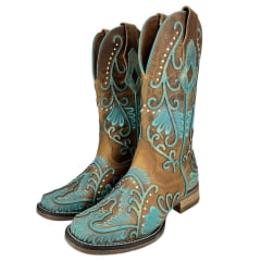 Bota Texana Feminina Goyazes Bico Quadrado Flex Couro Dallas Creme com Detalhes Em Azul Ref: 243201-CF