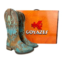 Bota Texana Feminina Goyazes Bico Quadrado Flex Couro Dallas Creme com Detalhes Em Azul Ref: 243201-CF