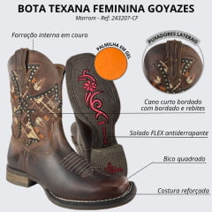 Bota Texana Feminina Goyazes Bico Quadrado Flex Couro Dallas Furtacor Cano Baixo Bordado Lateral Ref: 243207-CF
