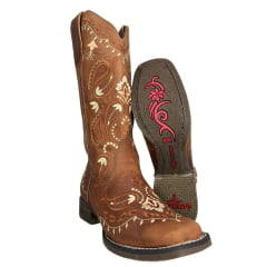 Bota Texana Feminina Goyazes Bico Quadrado Flex Couro Dallas Terra Com Bordado Ref:203253-CF-03