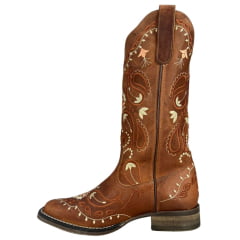 Bota Texana Feminina Goyazes Bico Quadrado Flex Couro Dallas Terra Com Bordado Ref:203253-CF-03