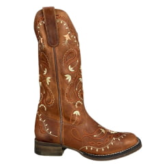 Bota Texana Feminina Goyazes Bico Quadrado Flex Couro Dallas Terra Com Bordado Ref:203253-CF-03