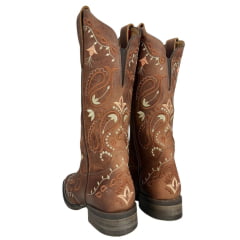 Bota Texana Feminina Goyazes Bico Quadrado Flex Couro Dallas Terra Com Bordado Ref:203253-CF-03