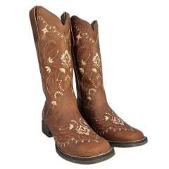 Bota Texana Feminina Goyazes Bico Quadrado Flex Couro Dallas Terra Com Bordado Ref:203253-CF-03