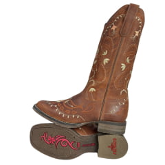 Bota Texana Feminina Goyazes Bico Quadrado Flex Couro Dallas Terra Com Bordado Ref:203253-CF-03