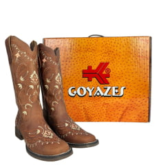 Bota Texana Feminina Goyazes Bico Quadrado Flex Couro Dallas Terra Com Bordado Ref:203253-CF-03