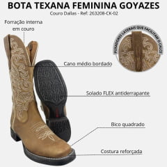 Bota Texana Feminina Goyazes Bico Quadrado Kactus Couro Dallas Creme Ref: 263208-CK-02