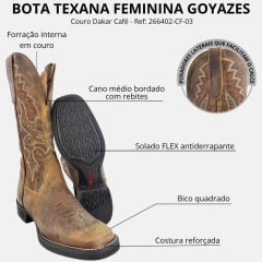 Bota Texana Feminina Goyazes Bico Quadrado Kactus Couro Dallas Ocre Bordado Tachinhas Ref:263206-CK