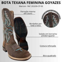 Bota Texana Feminina Goyazes Bico Quadrado Power Couro Turn Tabaco Bordado E Tachinhas Ref:263206-CP-06