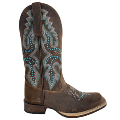 Bota Texana Feminina Goyazes Bico Quadrado Power Couro Turn Tabaco Bordado E Tachinhas Ref:263206-CP-06
