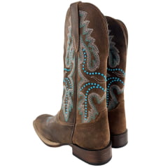 Bota Texana Feminina Goyazes Bico Quadrado Power Couro Turn Tabaco Bordado E Tachinhas Ref:263206-CP-06
