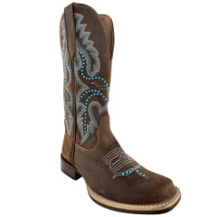 Bota Texana Feminina Goyazes Bico Quadrado Power Couro Turn Tabaco Bordado E Tachinhas Ref:263206-CP-06