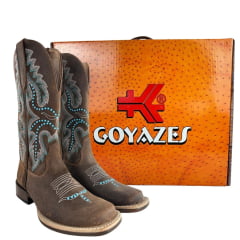 Bota Texana Feminina Goyazes Bico Quadrado Power Couro Turn Tabaco Bordado E Tachinhas Ref:263206-CP-06
