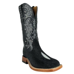 Bota Texana Feminina Goyazes Bico Quadrado Ranch Couro Arraia Preto Mustang Cano Bordado Solado Injetado Ref:256408-ARC