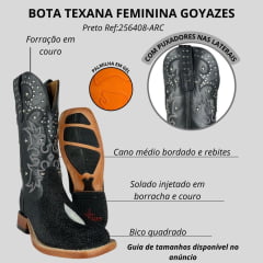 Bota Texana Feminina Goyazes Bico Quadrado Ranch Couro Arraia Preto Mustang Cano Bordado Solado Injetado Ref:256408-ARC