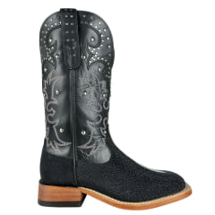 Bota Texana Feminina Goyazes Bico Quadrado Ranch Couro Arraia Preto Mustang Cano Bordado Solado Injetado Ref:256408-ARC