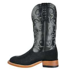 Bota Texana Feminina Goyazes Bico Quadrado Ranch Couro Arraia Preto Mustang Cano Bordado Solado Injetado Ref:256408-ARC