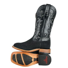 Bota Texana Feminina Goyazes Bico Quadrado Ranch Couro Arraia Preto Mustang Cano Bordado Solado Injetado Ref:256408-ARC