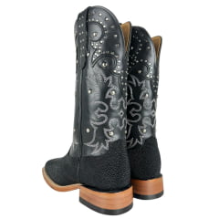 Bota Texana Feminina Goyazes Bico Quadrado Ranch Couro Arraia Preto Mustang Cano Bordado Solado Injetado Ref:256408-ARC