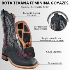 Bota Texana Feminina Goyazes Bico Quadrado Ranch Couro Dallas Marinho Bordado Ref:266402-CC-02