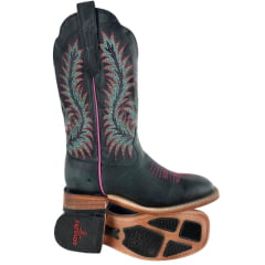 Bota Texana Feminina Goyazes Bico Quadrado Ranch Couro Dallas Marinho Bordado Ref:266402-CC-02