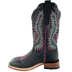 Bota Texana Feminina Goyazes Bico Quadrado Ranch Couro Dallas Marinho Bordado Ref:266402-CC-02