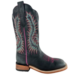 Bota Texana Feminina Goyazes Bico Quadrado Ranch Couro Dallas Marinho Bordado Ref:266402-CC-02