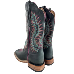 Bota Texana Feminina Goyazes Bico Quadrado Ranch Couro Dallas Marinho Bordado Ref:266402-CC-02