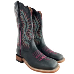 Bota Texana Feminina Goyazes Bico Quadrado Ranch Couro Dallas Marinho Bordado Ref:266402-CC-02