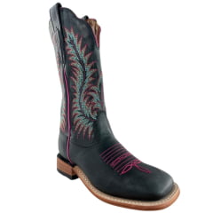 Bota Texana Feminina Goyazes Bico Quadrado Ranch Couro Dallas Marinho Bordado Ref:266402-CC-02