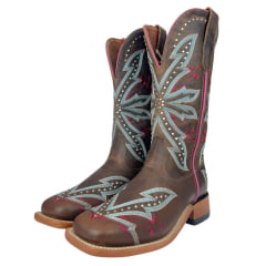 Bota Texana Feminina Goyazes Bico Quadrado Ranch Couro Dallas Tabaco Com Bordado Ref: 246408-CC