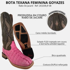 Bota Texana Feminina Goyazes Bico Quadrado Ranch Couro De Jacaré Pink Dallas Cano Marrom Bordado 266401-JC